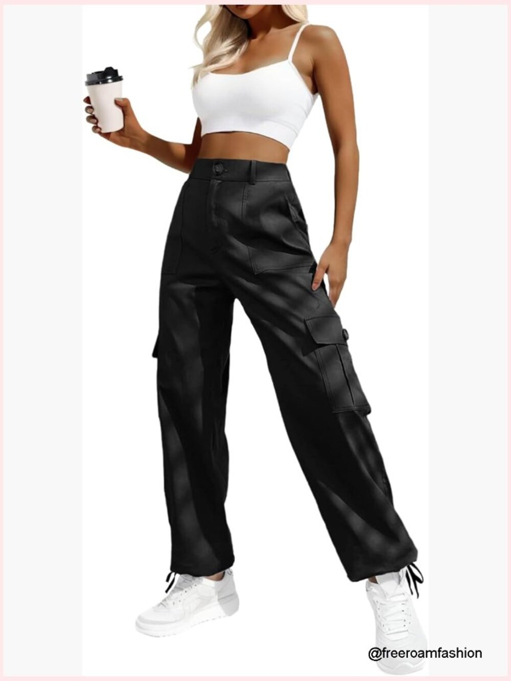 High Waisted Cargo Pants With 6 Pockets Stretchy Baggy Drawstring Ankle Cuffs